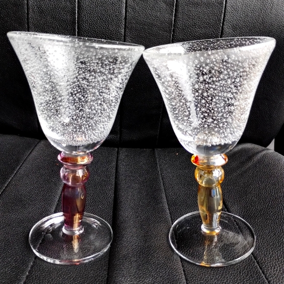 Two Vintage Pottery Barn Bubble Glass Wine Goblets - Picture 1 of 7